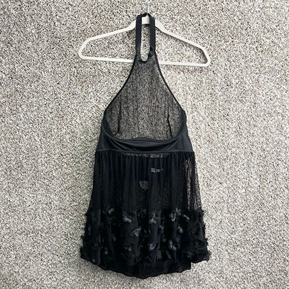Coquette Black Sheer Mesh & Lace Halter Babydoll Lingerie Sleep Dress in Size XL
